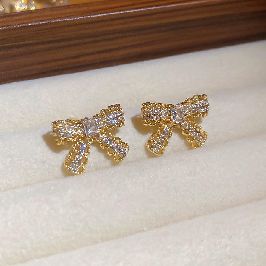 18K Gold Plated Sterling Silver Zircon Bow Stud Earrings - Elegant French Retro Jewelry