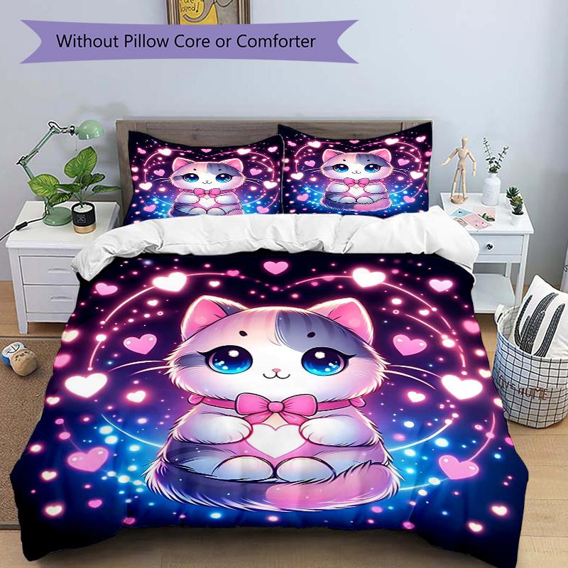 3pcs Sweet Love Cat Design Pattern Bedding Three-Piece Set (1 Cover + 2 Pillowcases, No Fillings), This Printed Bedding Set Is Soft and Comfortab