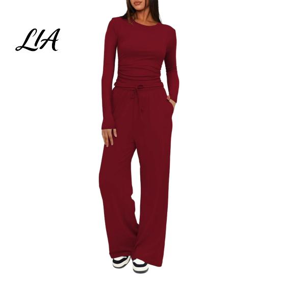 Breathable Matching Sets Women Top Pants Set for Spring Fall, Slim Fit Crewneck Sweatshirt, Everyday Wear Suit Elastic Waist Loose Wide