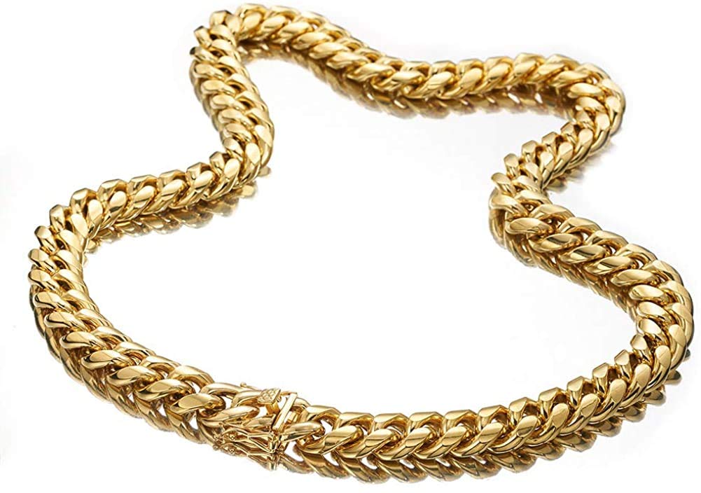 Rockyu Stainless Steel Gold 18k Gold Plated Curb Chain Stylish Hip Hop Popular Accessory Men's Necklace, Style,