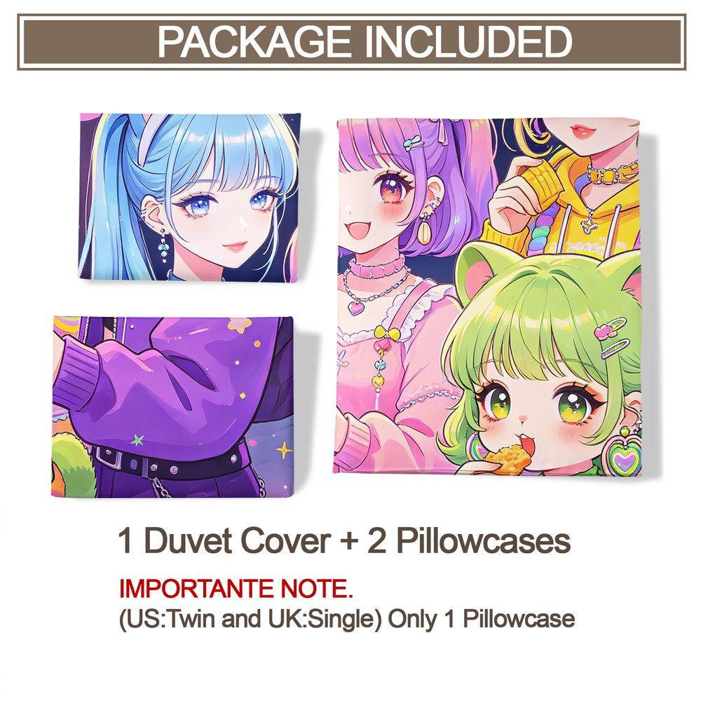 Anime Girls Party Duvet Cover Set Colorful Digital Print Bedding Set Rainbow Stars Cute Cartoon Bedroom Decor for Teen