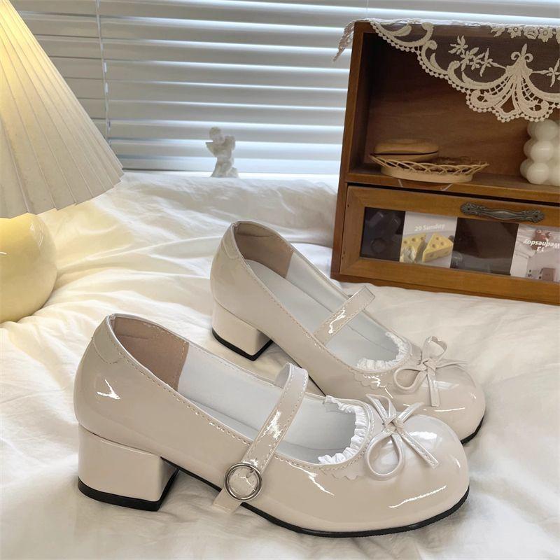 2025 New Fashion Lolita Style Cute Round Head Jane with Bow Women's Sweet Party Dress Midi Heels Mary Jane Shoes Women's Loafers