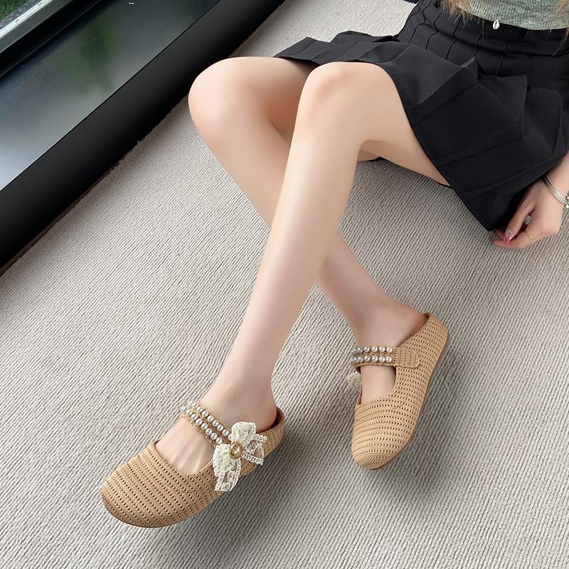 Fashion CRLAYDK Women's Slip On Mules Knit Breathable Slippers Ladies Pearl Strap Backless Slide Walking Dressy Loafers Casual Shoes