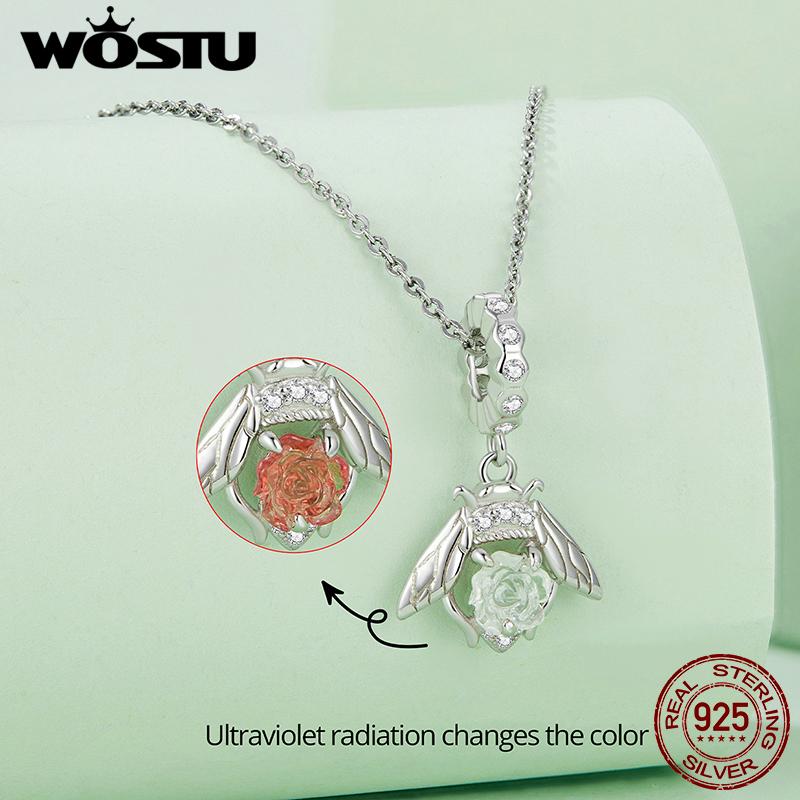 WOSTU 925 Sterling Silver Color Changeable Flower Pendant Charm Bee Hanging Beads for Women Bracelet & Bangle DIY Fine Jewelry