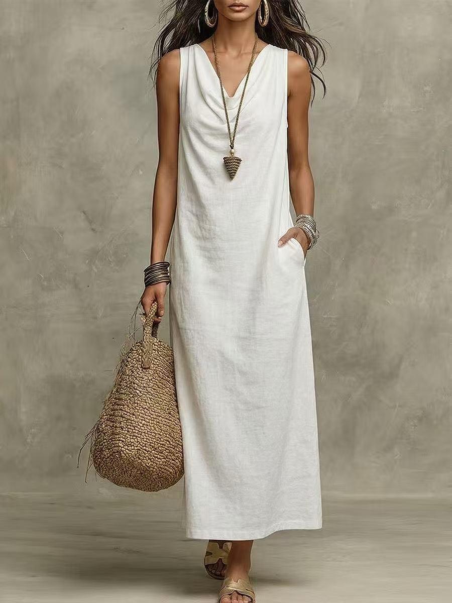 2026 summer European and American new Amazon dress cross-border women s sleeveless v-neck elegant long dress S белый