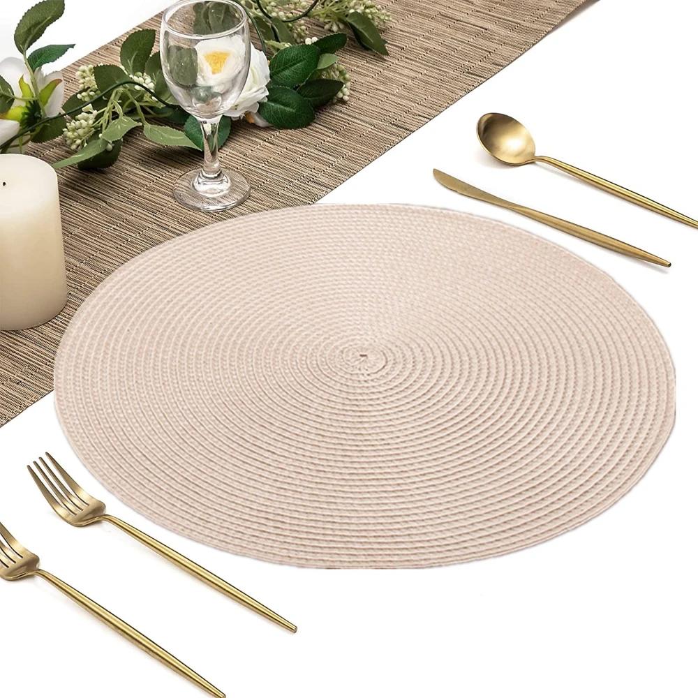 Sets 6 Woven Table Placemats and Coaster 34CM Round Cotton Dinner Table Mats Anti Slip Heat Resistant Easy Clean Place Mats