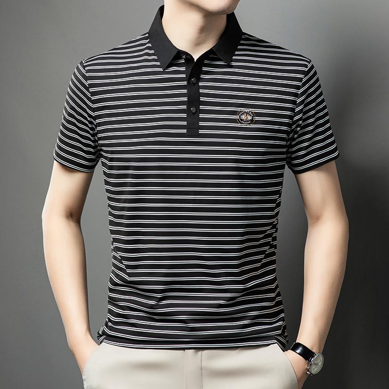 Polo Shirt Men'S Short-Sleeved Striped T-Shirt Thin Medium Men'S High-End Sense Seamless Lapel Half-Sleeved T-Shirt