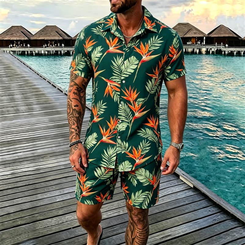 Men's Summer Tropical Floral Print Two-piece Set, Short-sleeve Shirt and Shorts