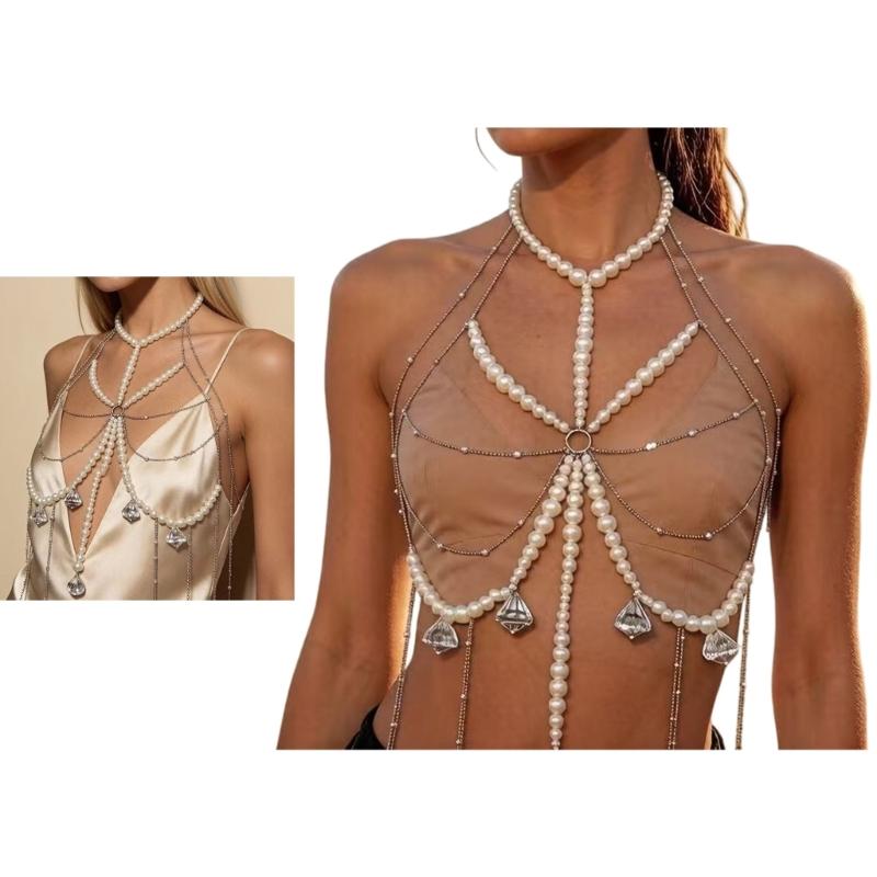 Multi-Strand Beaded Body Jewelry Chain for Women, Statement Chest Necklace Accessory with Cascading Drape Look for Festival and Date Night Outfits
