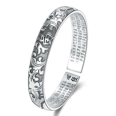 Vecchio braccialetto retrò, braccialetto Sutra del cuore con fiore portafortuna, braccialetto Sutra buddista, braccialetto con gioielli in argento imitazione.