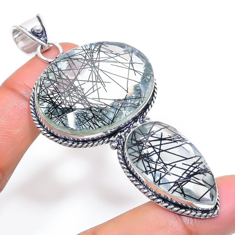 

Natural Black Rutile Gemstone 925 Sterling Silver Jewelry Pendant 3.15 h3Q50