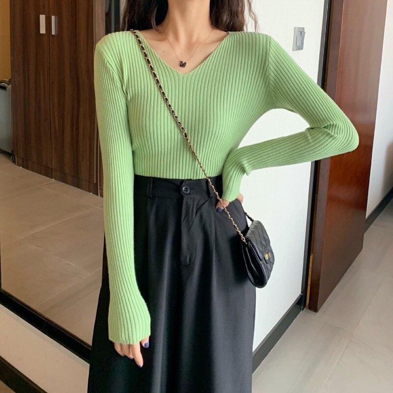 Autumn Winter Long Sleeve Slim Fit Pullovers Office Lady Fashion V-neck Solid Color Knit Tops Sweaters For Women Clothing 28684