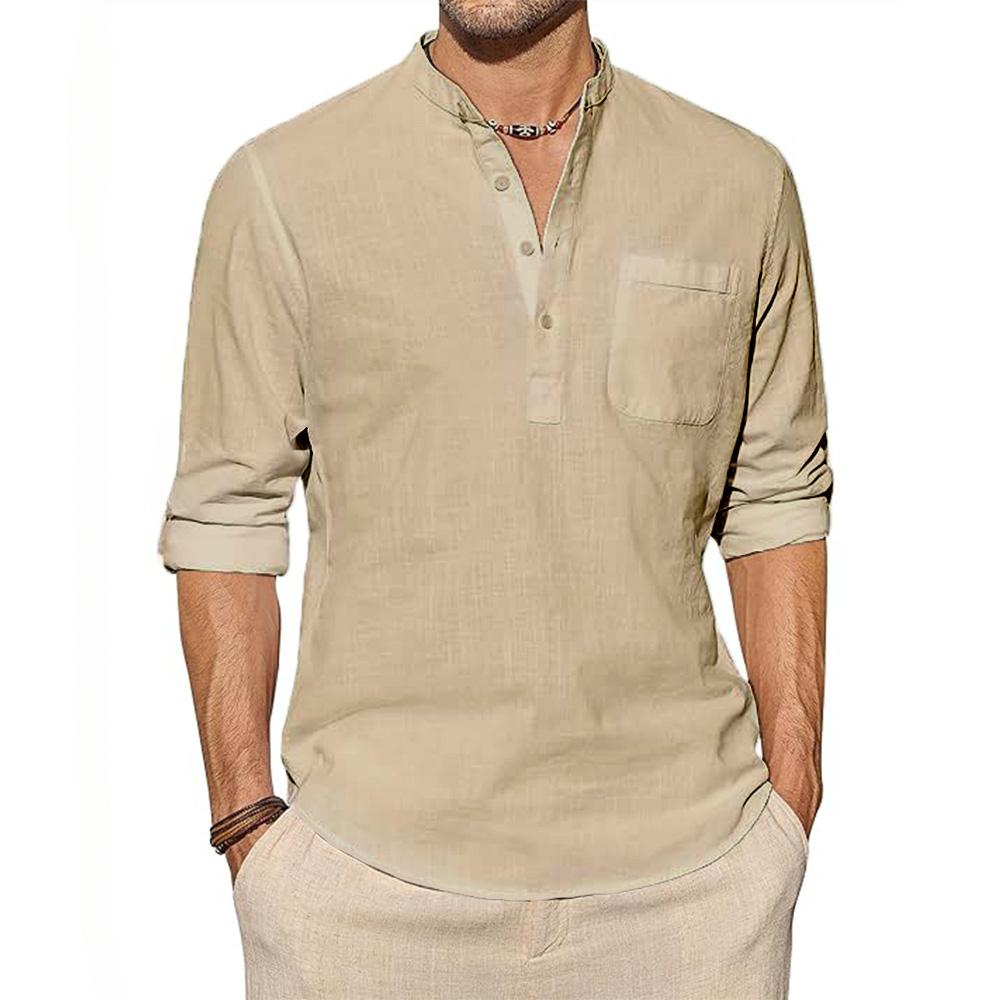 Herren Baumwoll-Leinen-Hemden Langarmhemd Lässige Strandhemden Henley T-Shirt Urlaubsoberteile mit Tasche Männer Streetwear