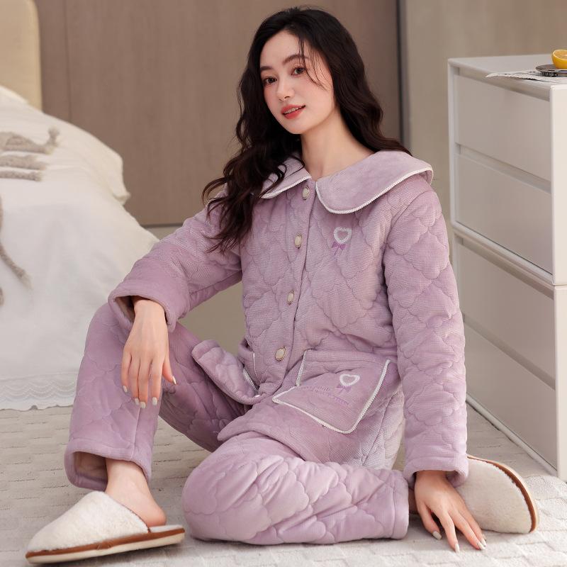 Three-Layer Padded Pajamas Women'S Winter Coral Fleece Thickened And Fleece Padded Jacket Thermal Suit Can Be Worn Outside Loungewear In Winter