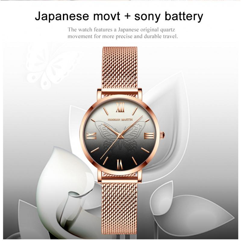 Hannah Martin Butterfly Design Women's Fashion Brand Watch Japanese Miyota Movement Stainless Steel Quartz Wristwatch