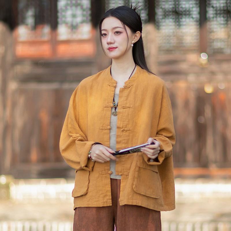 Johnature Women Vintage Shirts Tops Spring Chinese Style Solid Color Blouses Pockets Button Stand Shirts