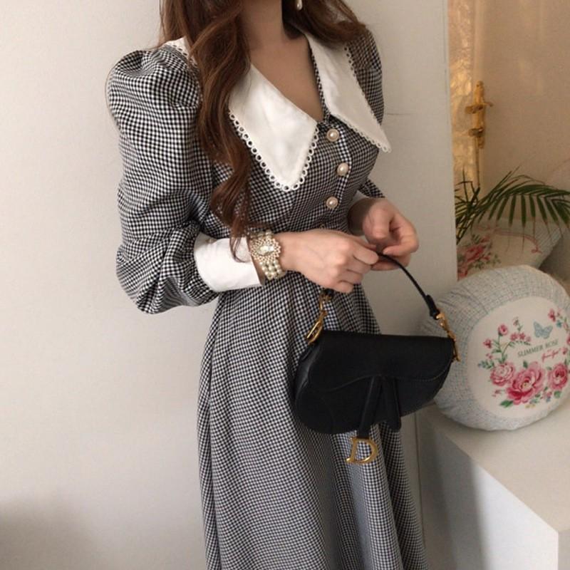 Plaid Midi Dress With Detachable Belt High Waist A-Line Fit Vintage Chic Style Women