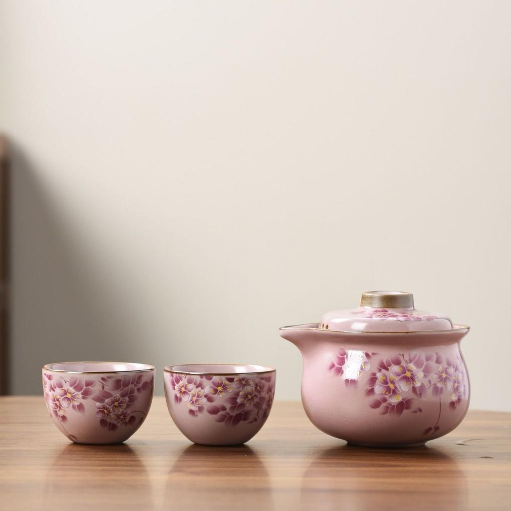 Pink Ruyao Anti-heat Tea Set,big-leaf Hydrangea Flowers Jasmine Teaware, A Teapot Two Cups, Kung Fu Tea Set, for Lady Girlfriend