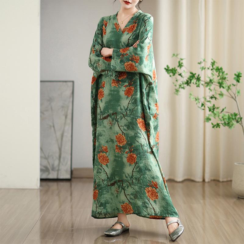 Early Spring Loose Casual Vacation Style V-neck Retro Mid Length Covered Cotton Linen Dress