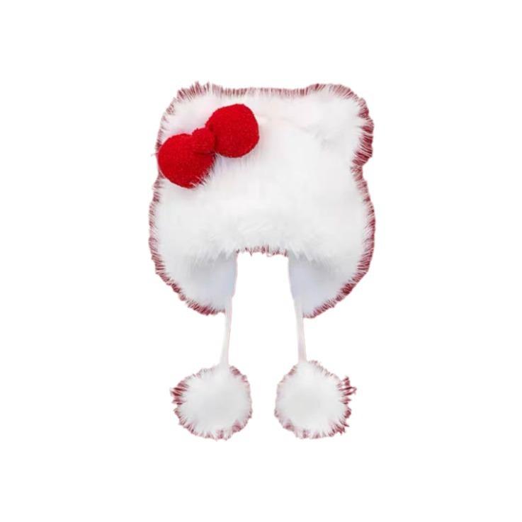 Hello Kitty Thickened Warm Lace-Up Lei Feng Hat Sweet Cute Hat Bow Plush Ear Protector Baotou Hat Female