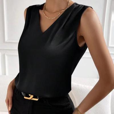 Sommer Damen Ärmellose Satinbluse Damen V-Ausschnitt Solides Tanktop