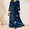 Women Plus Size Two Piece Dress Set Tie Neck Three Quarter Sleeve Firework Printed Dark Blue Long Dress