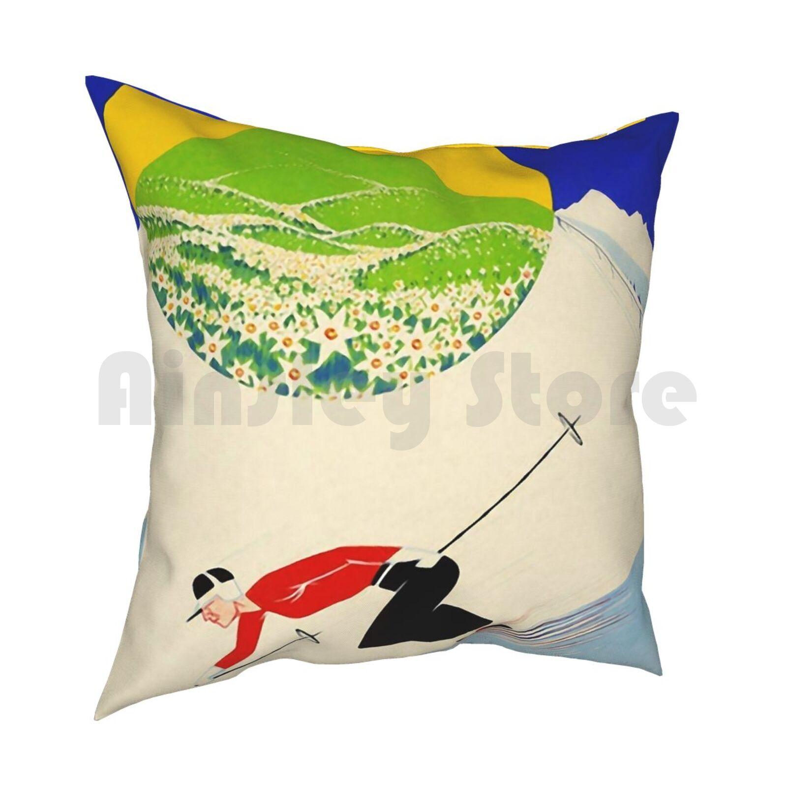Art Deco Era Vintage Swiss Alps Sport Ad Pillow Case Printed Home Soft DIY Pillow Cover Art Skiing French Swiss Swiss Alps 30cmx30cm
