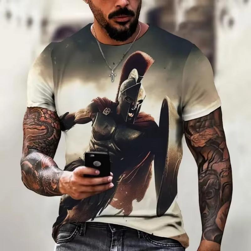 European and American Fashion Retro Spartan Warrior Graphic T-shirt For Men New Trend Casual 3D Printed Cool Personality Tee Top
