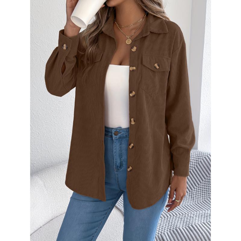 Casual Women's Striped Mid-length Shirt Solid Color Button Long-sleeved Cardigan Jacket Top