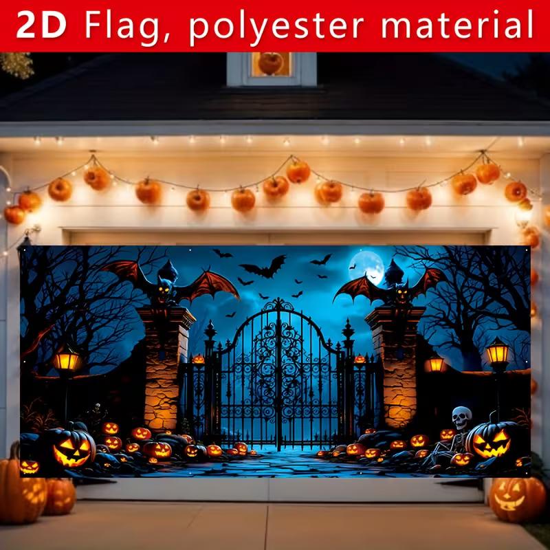 2D Halloween Night Banner, Bats & Skeleton for Outdoor and Indoor Party Decor