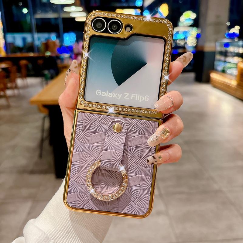Luksuriøst ensfarget lær galvanisert 2 stk telefondeksel til Samsung Galaxy Z Flip6 Flip5 Flip4 Flip3 Diamantramme Støtsikker Metallring Sammenleggbart deksel