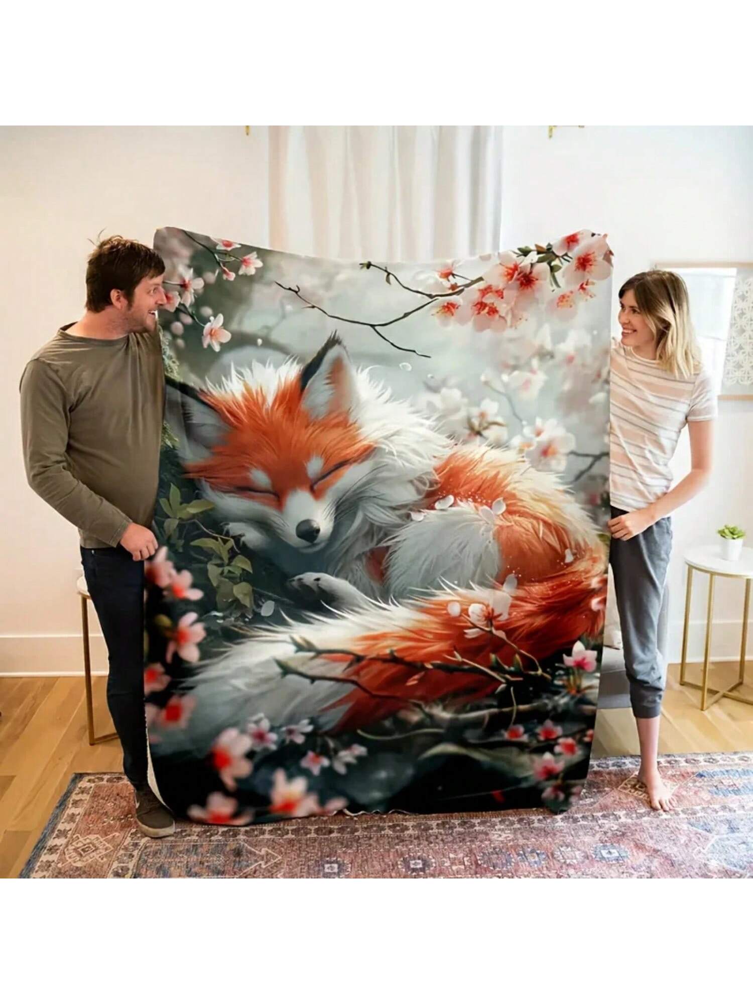 

Cozy Vintage Fox Print Throw Blanket Soft,Reversible,All-Season Comfort For Home Travel _ Lightweight,Warm,And Versatile 75X95CM серый