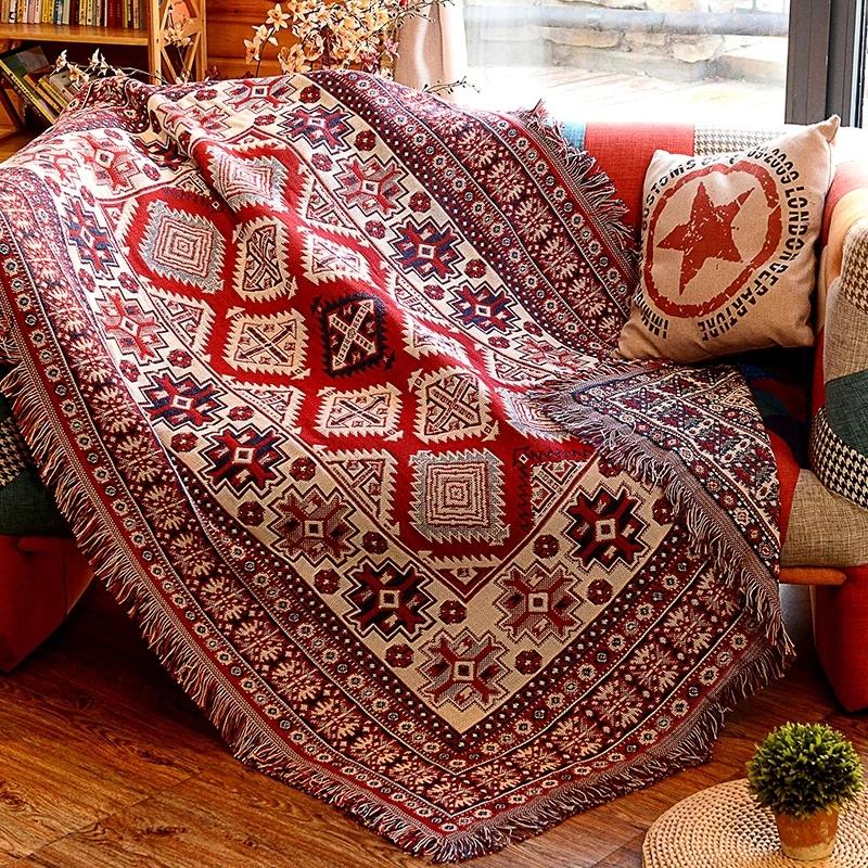 Retro Rutig Vinter Bomull Linne Vävda Linjer Filt Soffhandduk Stickad Förtjockad Värmedyna Mat Bohemisk Boho Pläd Rese Sängöverkast