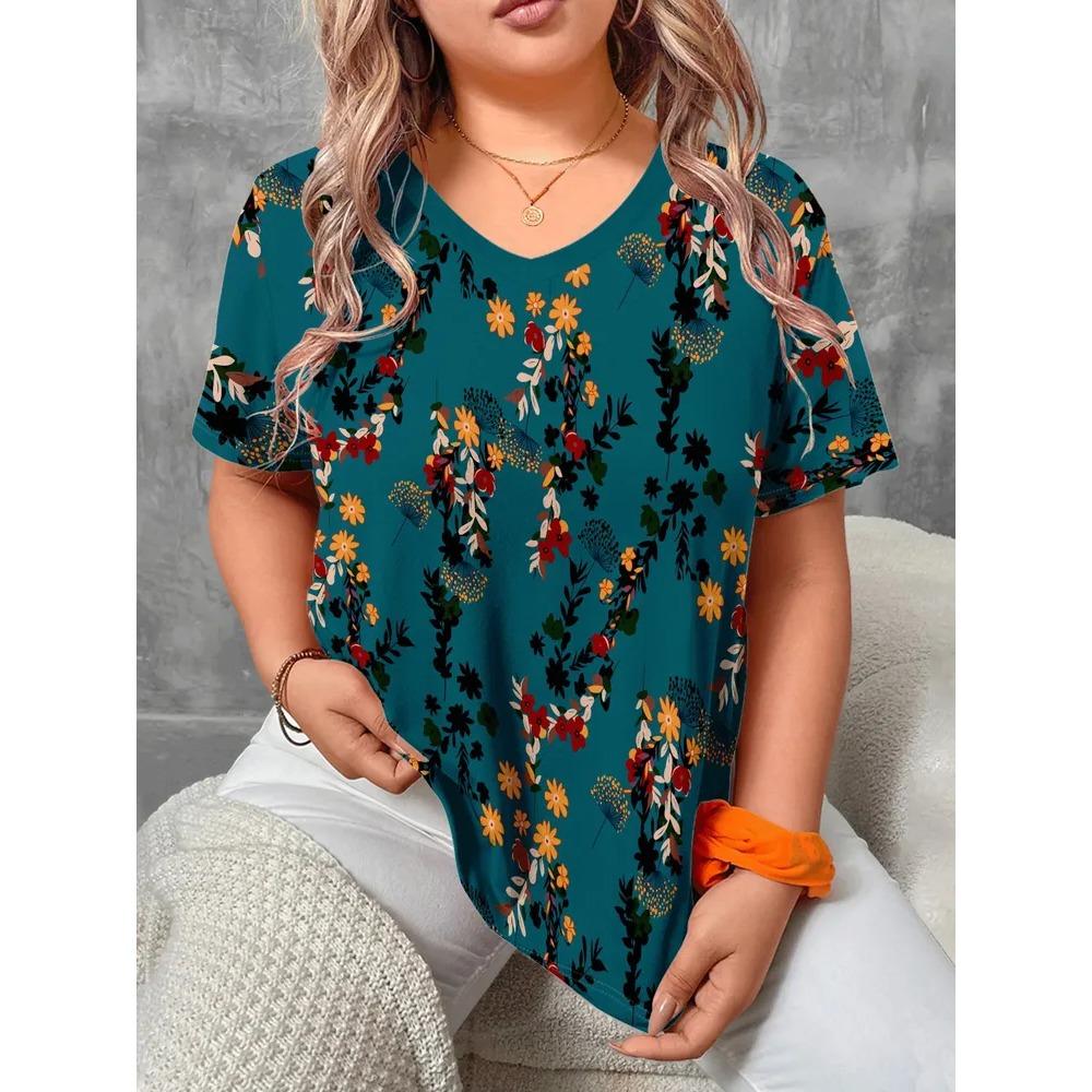 Fashionable Comfortable Breathable T-shirt Summer Colorful Retro 3D Pattern Women's V-neck Short Sleeved T-shirt