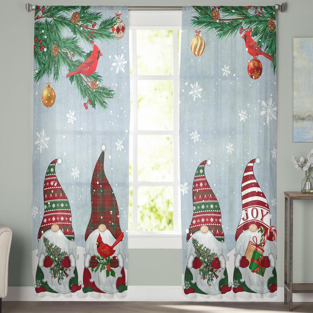 Weihnachtsfenstervorhang mit Schneeflocke, Gnom, Rotkehlchen, Tüllvorhang, transparente Volants, Vorhänge für Wohnzimmer, Heimdekoration, Drape Panel