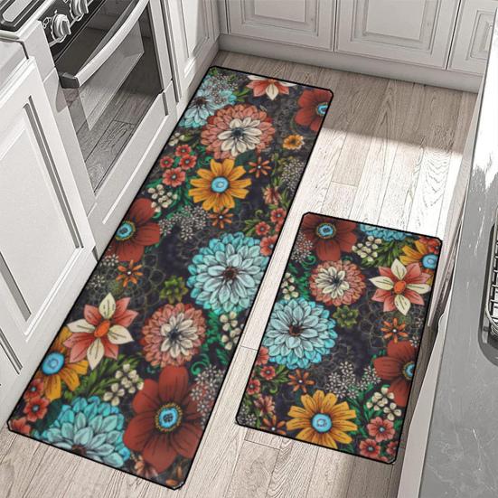 2 alfombras de cocina con estampado floral de colores vibrantes, resistentes al desgaste, antideslizantes, fáciles de limpiar, antiincrustantes