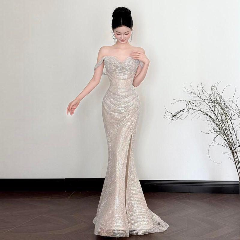 

off-Shoulder Dress for Toast Fishtail Engagement Banquet Sequined Host Dress Light Luxury Niche High Sense Evening dress Silver S