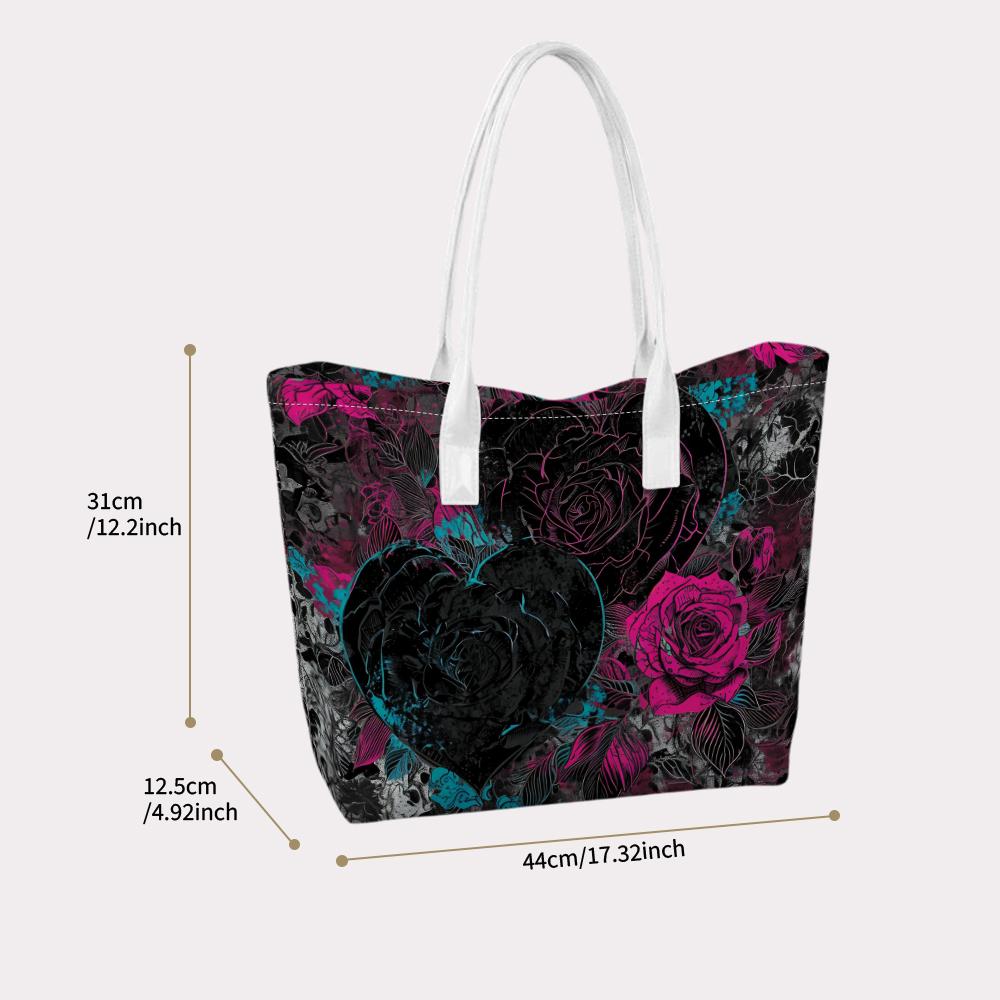 Gothic Heart Rose Print Tote Bag Stylish Daily Carry Shoulder Bag for Women