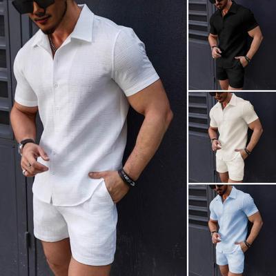 2Pcs/Set Men Outfit Lapel Short Sleeve Shirt Tops Elastic Drawstring Waist Pockets Shorts Set Solid Color Beach Outfit