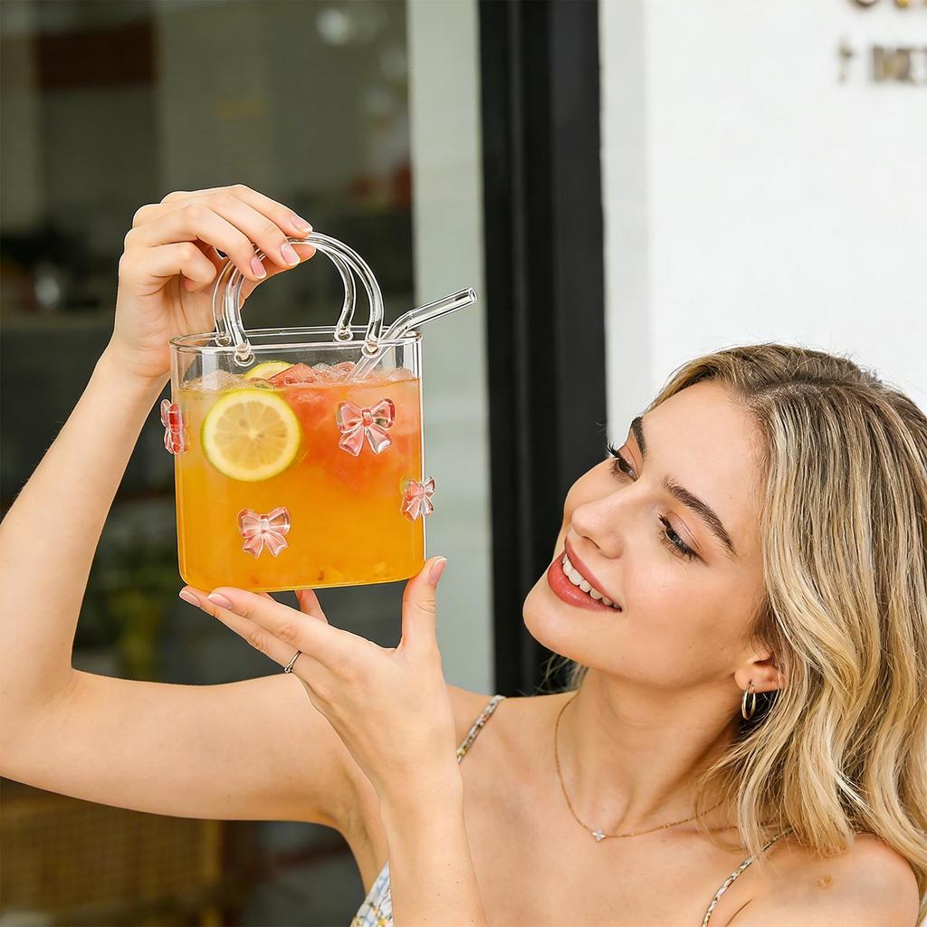 Portable Handbag Glass Cup,Creative Cocktail Glasses Cups,Funny Fruit Wine Glass Cups,Ins Style Bag Glass With Straw,Bar Tools
