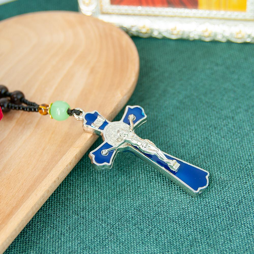 HT St. Benedict Blue Enamel Crucifix Pendant Wooden Bead Rosary Chain Metal Jesus Cross Religious Catholic Prayer Jewelry Gift