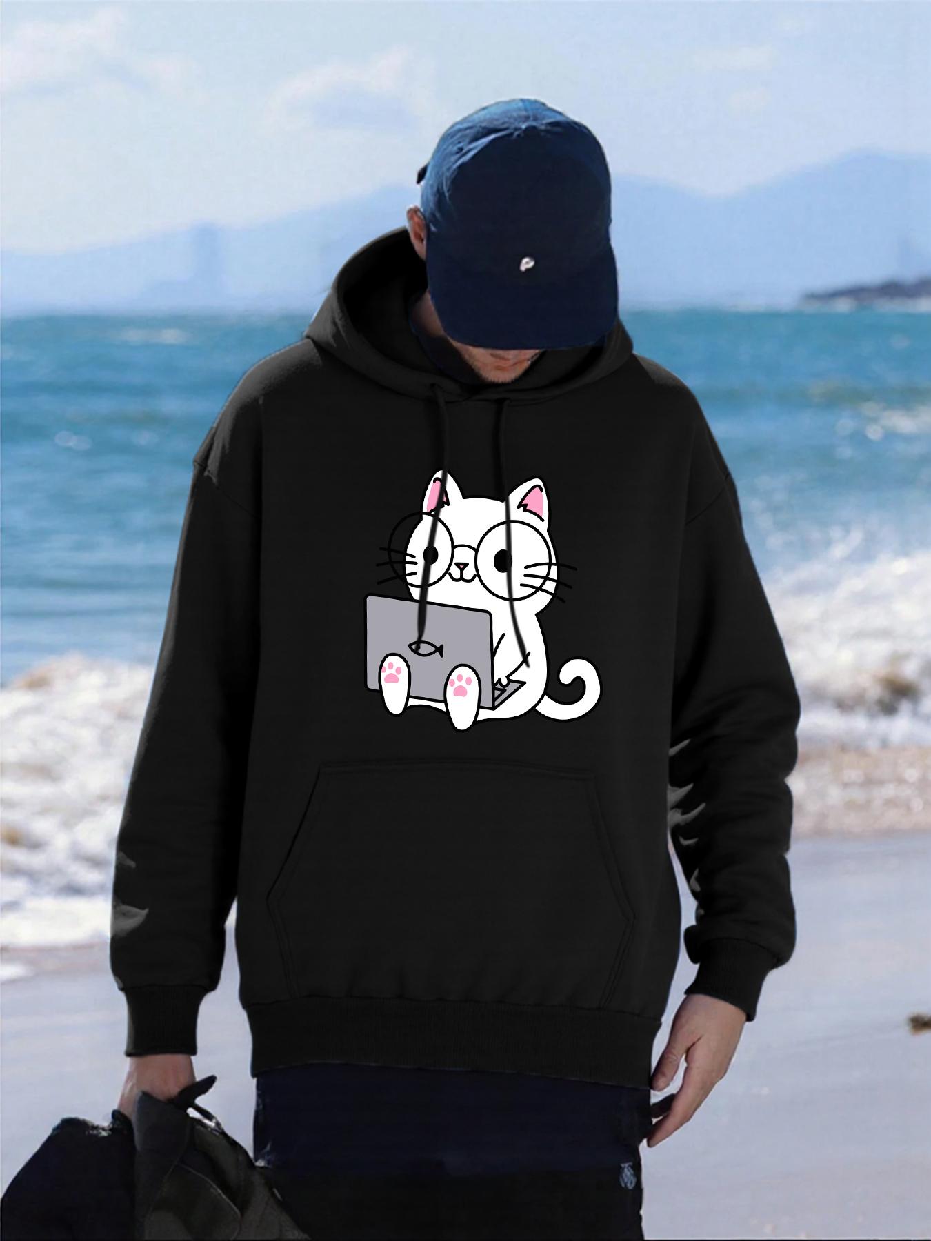 

Working Computer Cat Printing Men Hoodies Hip Hop Loose Streetwear All-Match Fleece Hoody Autumn Multicolor Man Sportswear 2XL
