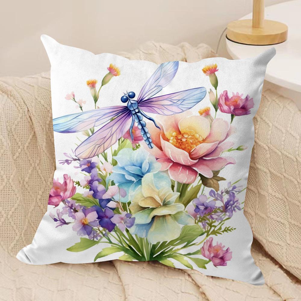 Watercolor Dragonfly and flower Cushion Cover Short plush Doublesided Print Square Throw Pillow Covers Sofa Home Cushion Decor