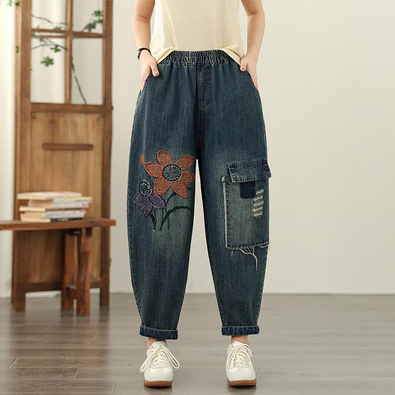 

Большие размеры Тонкие Винтажные вышитые цветочные с высокой талией повседневные свободные Женские летние джинсы деним Шаровары XXL