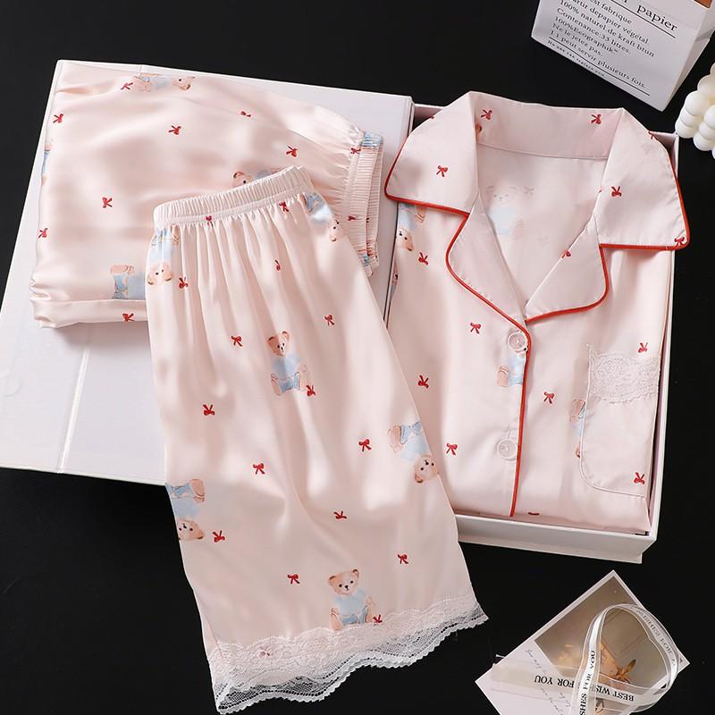 Girls Ice Silk 3-Piece Pajama Set Short Sleeve Sleepwear Kids 8 Years Cartoon Print Lightweight Air-Conditioning Suit