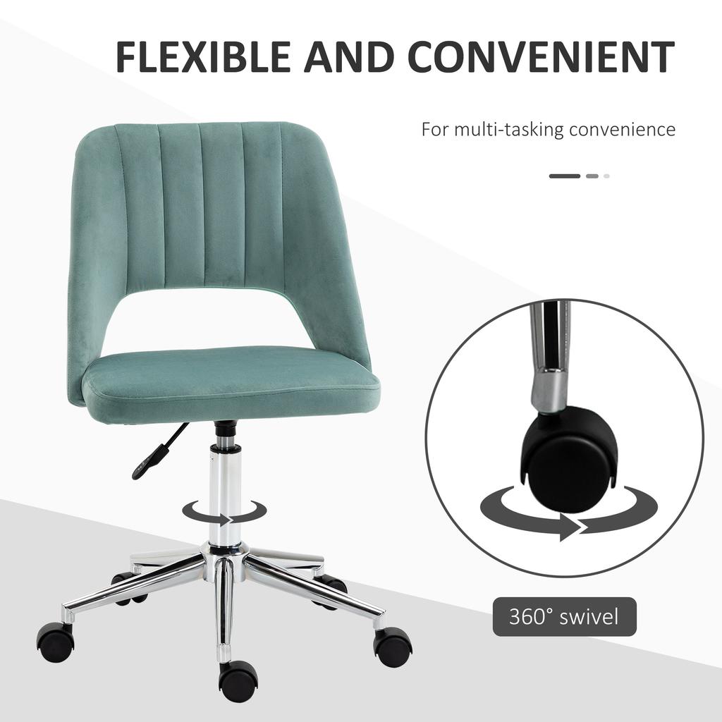 Modern Office Chair, Velvet-feel Fabric Desk Chair with Wheels, Comfy Armless Swivel Vanity Chair for Makeup, Nail Tech, Bedroom, Green