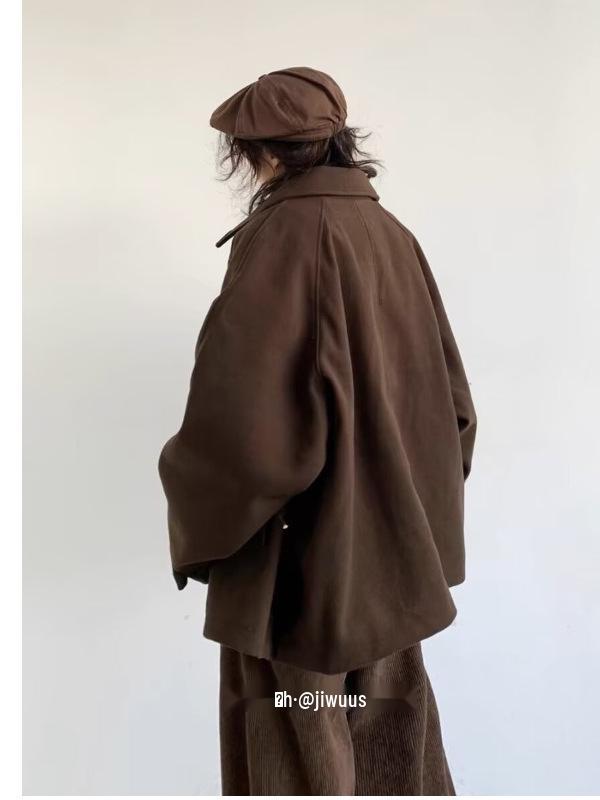 Unisex Retro Japanese Woolen Coat - Single-Breasted, Loose Fit, Raglan Sleeve