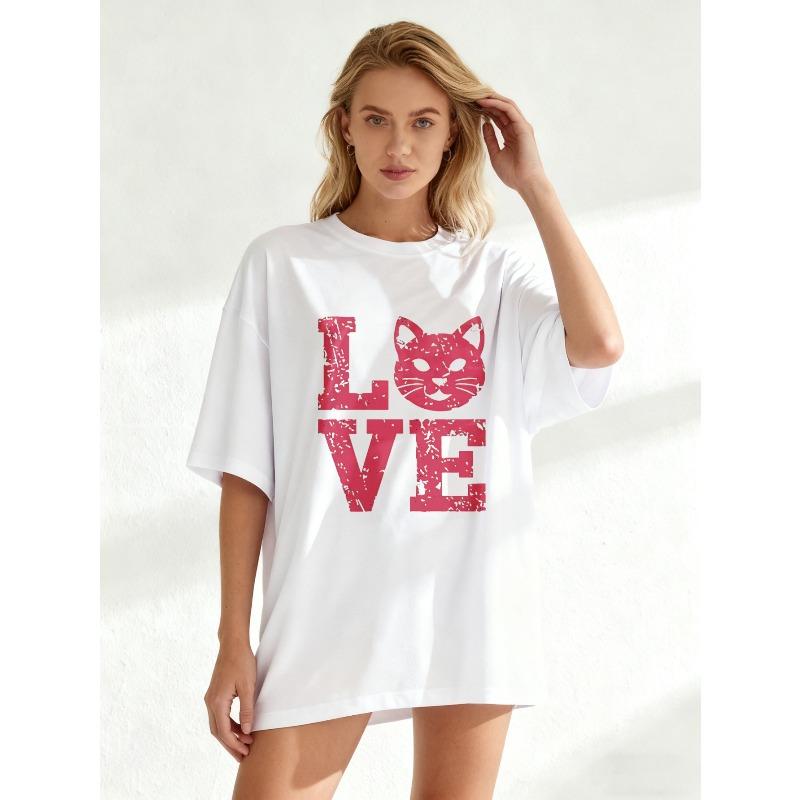 Oversized T Shirt Black Love Cat Face Print Casual Wear For Women