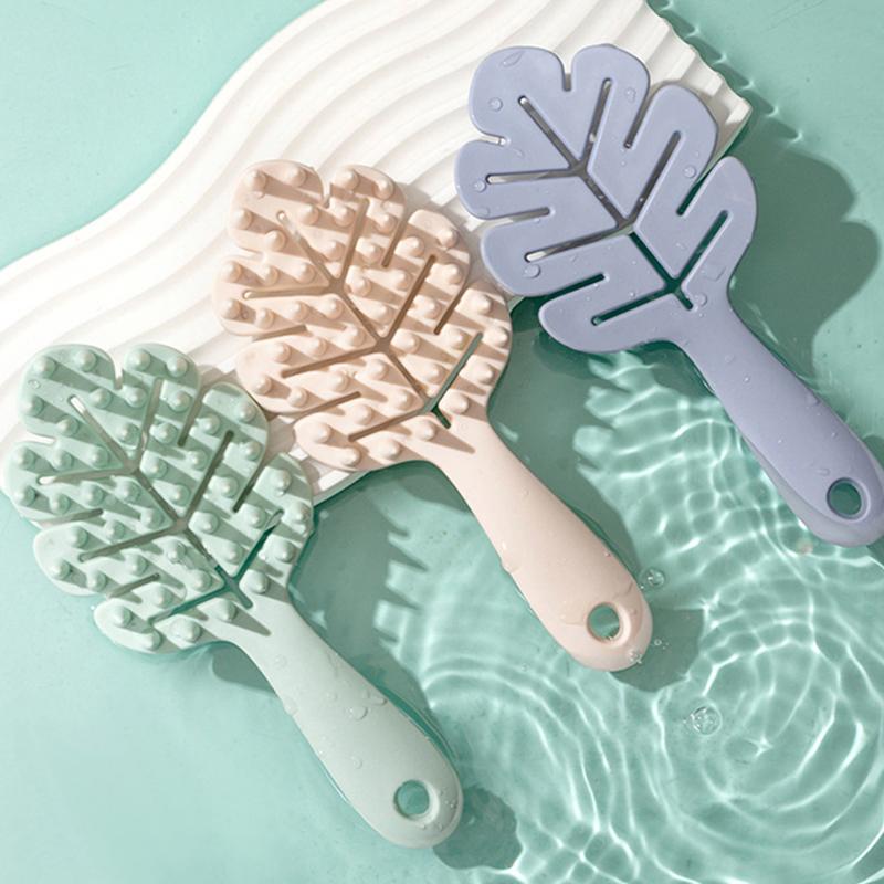 Șampon din silicon în formă de frunze Cap de perie Masaj pentru scalp Pieptene de păr moale Perie de baie cu mâner lung Instrument de curățare pentru masaj corporal cadou