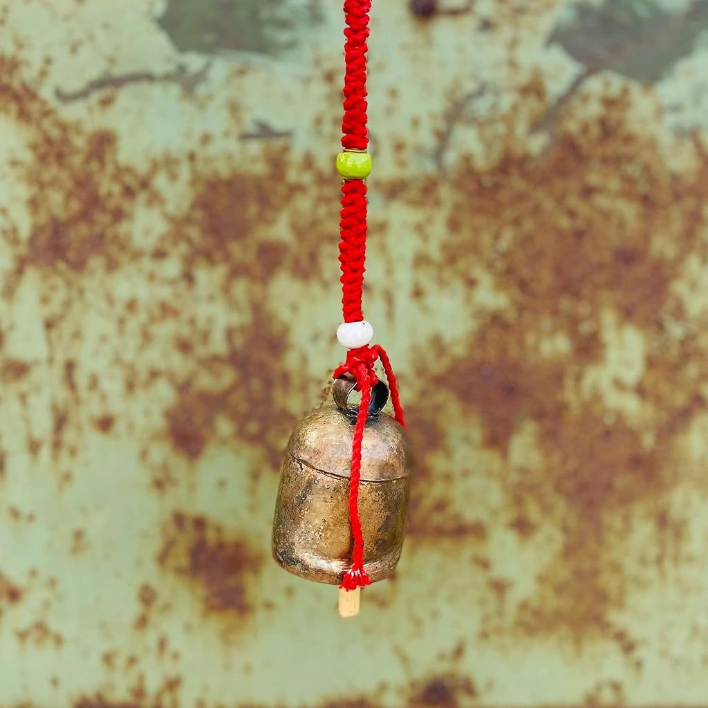 Handmade Small Metal Cow Bell – Rustic Gold Hanging Wind Chime with Red Rope for Home Decor, Meditation, Christmas Ornament, Boho Farmhouse Charm